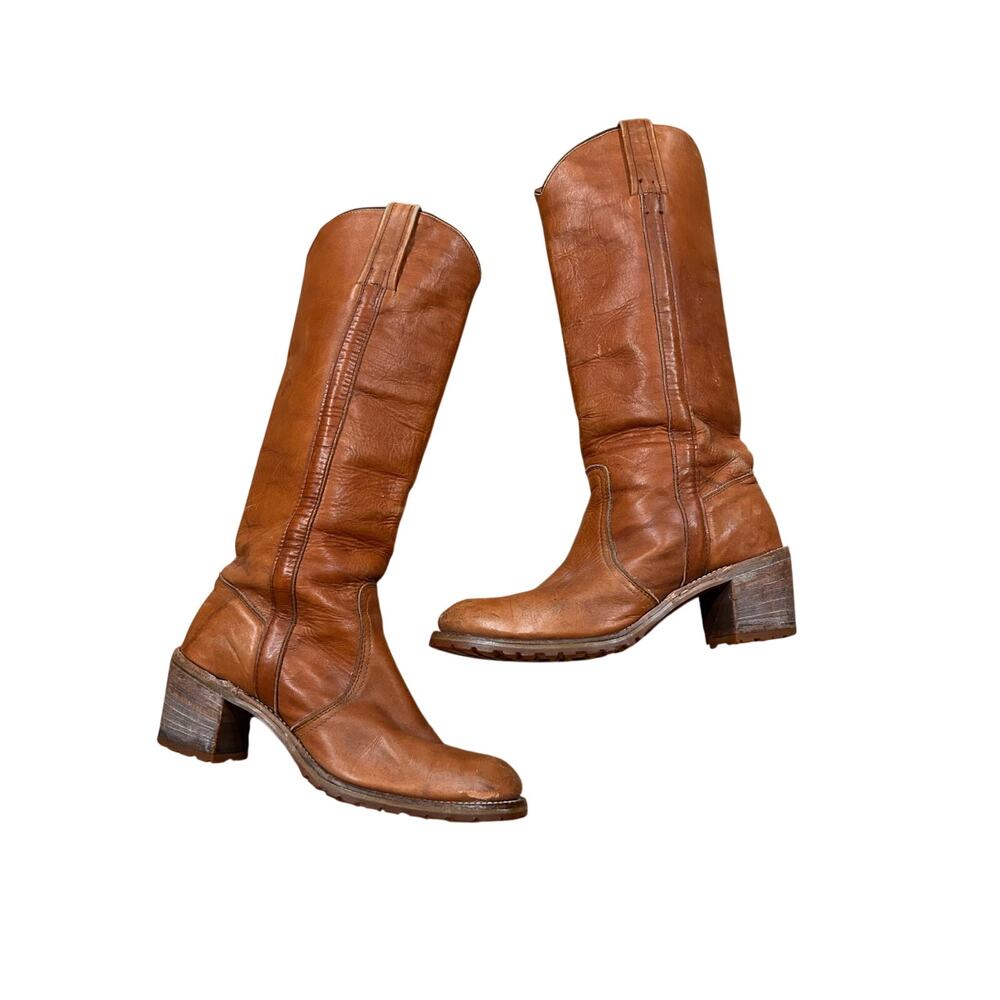 Vintage 70s FRYE Black Label Brown Leather Campus Western Boots 9 B USA -